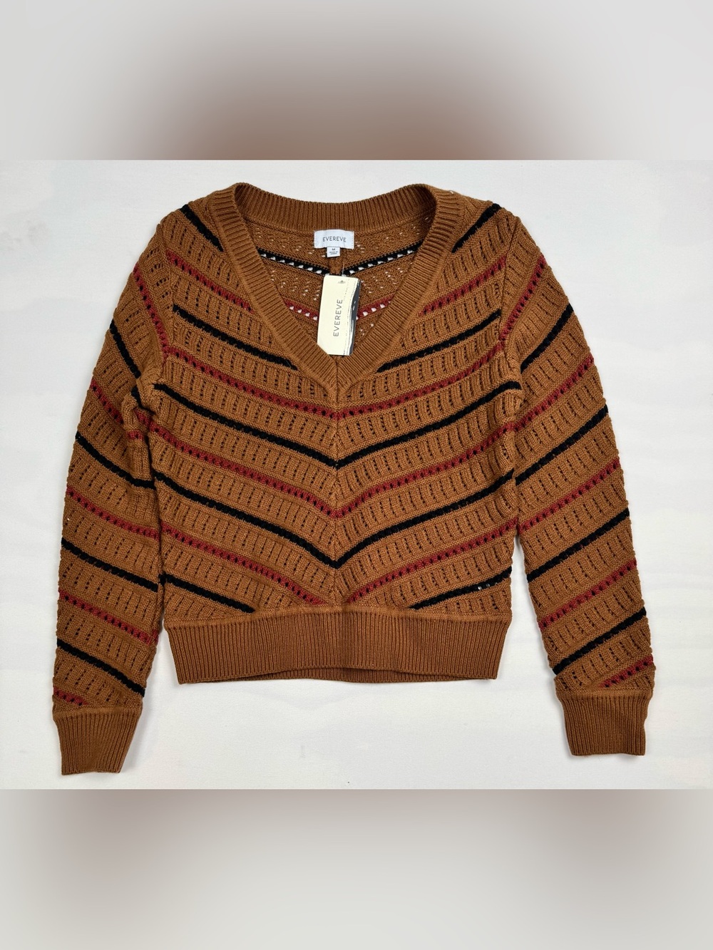 NWT Evereve Sawyer Chevron Pullover Sweater V-Neck Brown Women’s M Retail $118